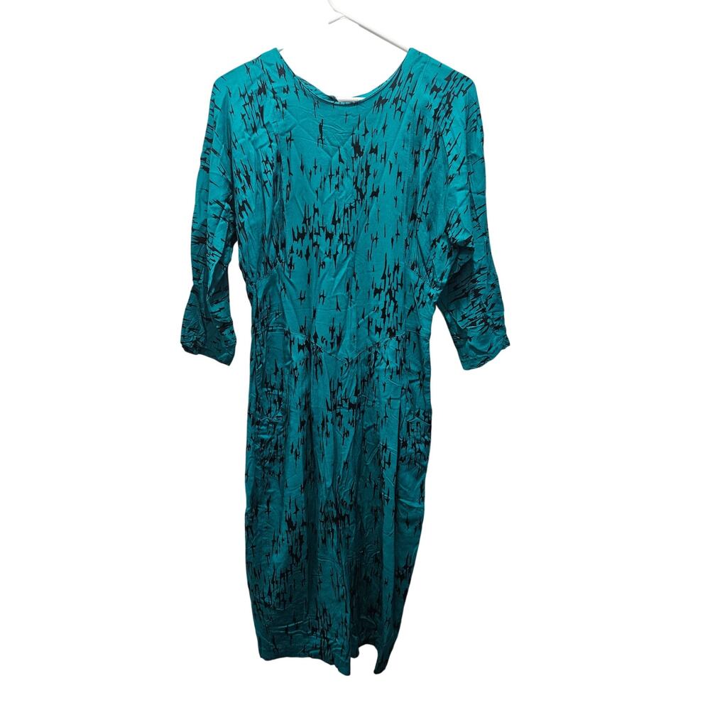 Vintage Jenna Ashley Drop Waist Dress Teal Abstract Button Front Midi M